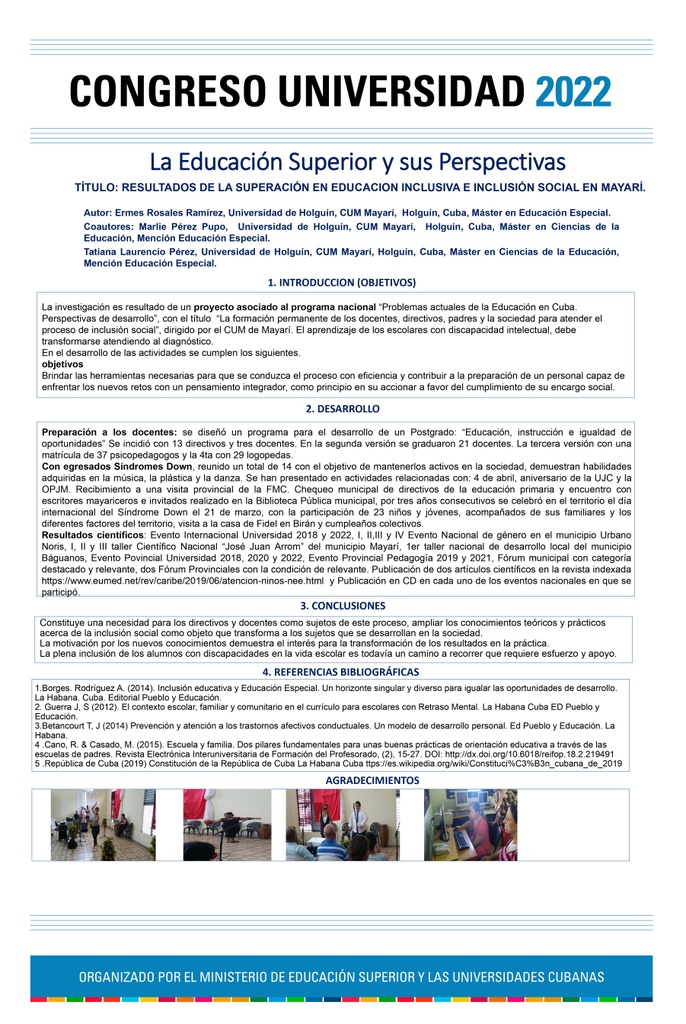 PER-009. RESULTADOS DE LA SUPERACIÓN EN EDUCACION INCLUSIVA E INCLUSIÓN SOCIAL EN MAYARÍ