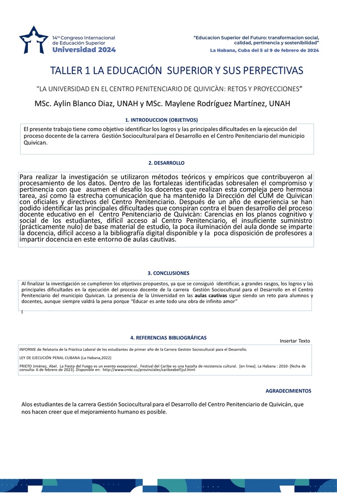 PER 119 THE UNIVERSITY IN THE QUIVICAN PENITENCIARY CENTER : CHALLENGES AND PROJECTIONS