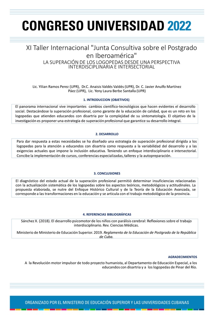 POS-011: LA SUPERACIÓN DE LOS LOGOPEDAS DESDE UNA PERPECTIVA INTERDISCIPLINARIA E INTERSECTORIAL
